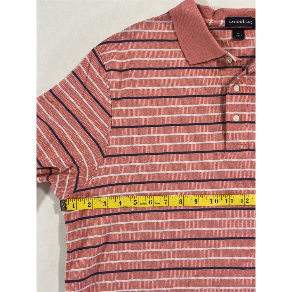 Lands' End Polo Shirt Pink W/Navy & White Stripes Mens SZ Large Classic Preppy - Picture 9 of 16